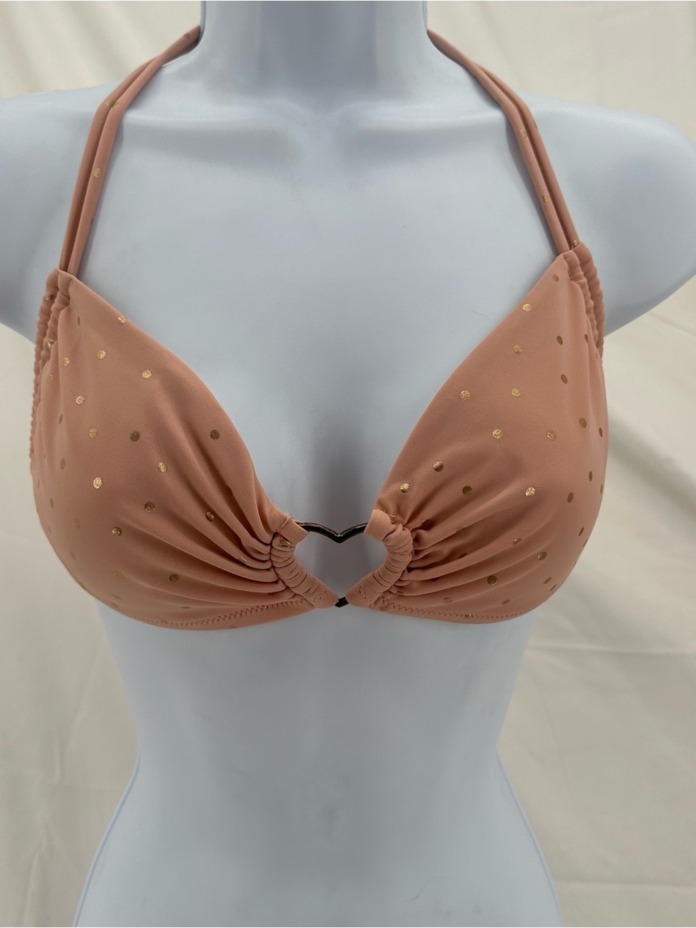 Coquette Victorias Secret Pink and Gold Heart Polka Dot Halter Bikini Top